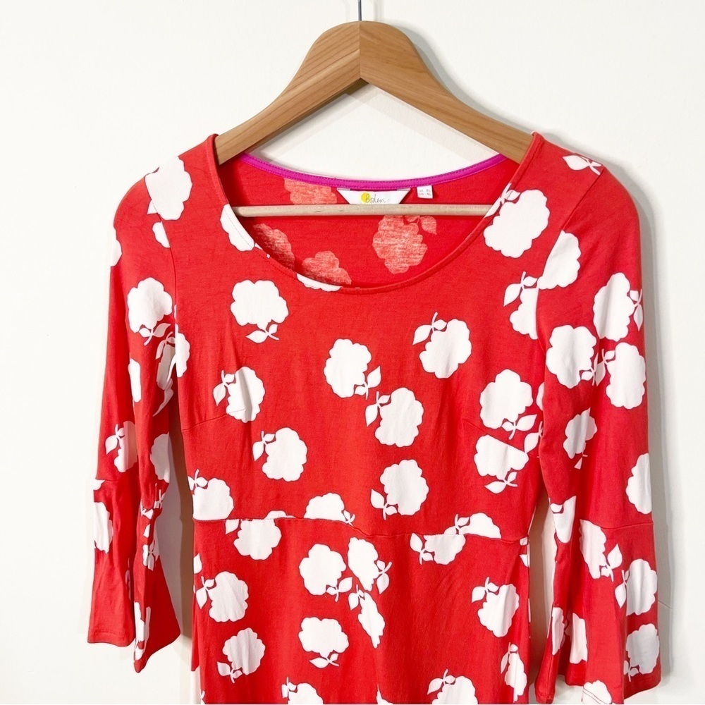 Boden Poppy Red Floral Miriam Floral Jersey A-Line Bell Sleeve Dress Size 4 Long - Picture 3 of 8